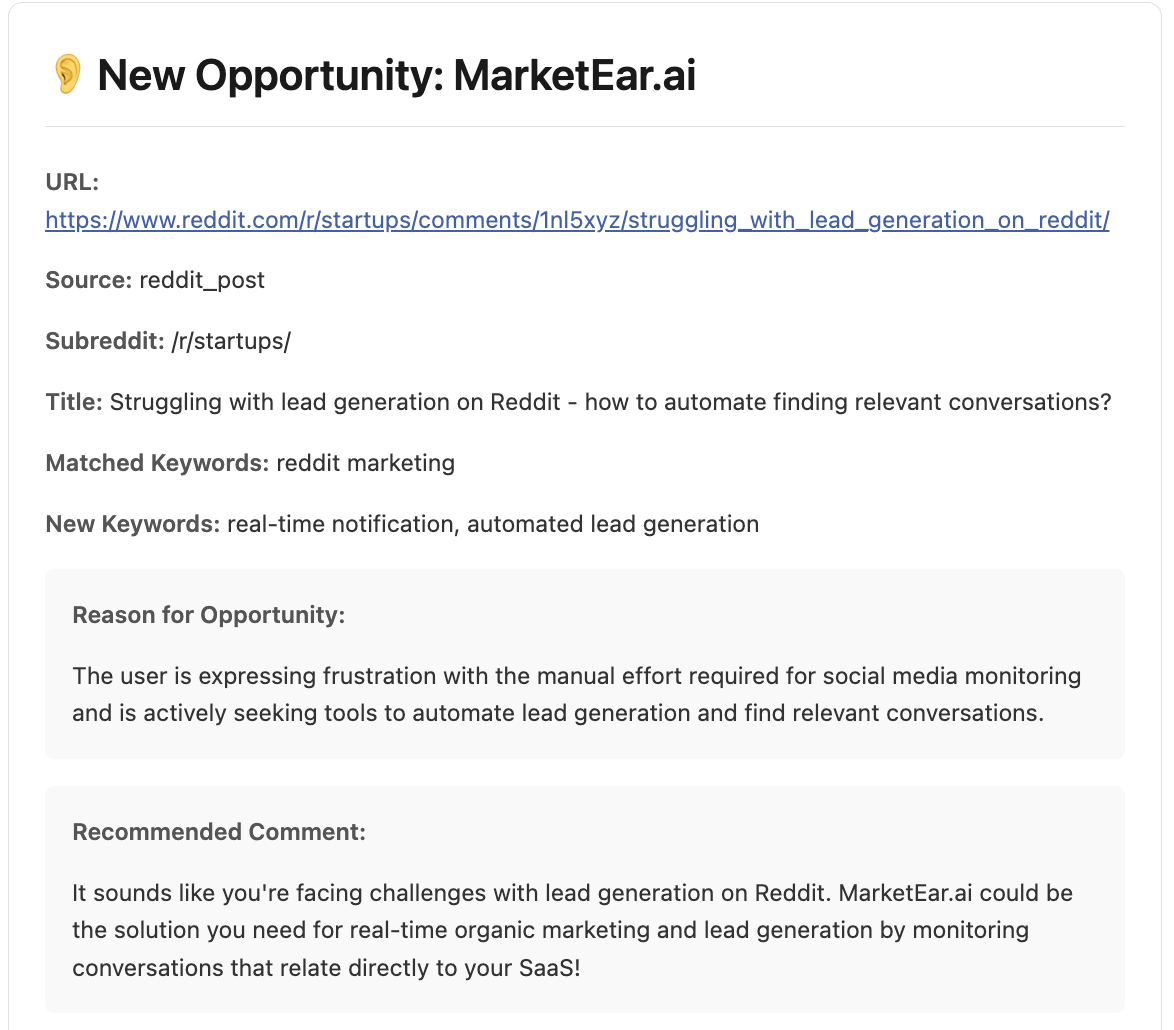 Example of an AI-generated lead opportunity alert from a Reddit comment.